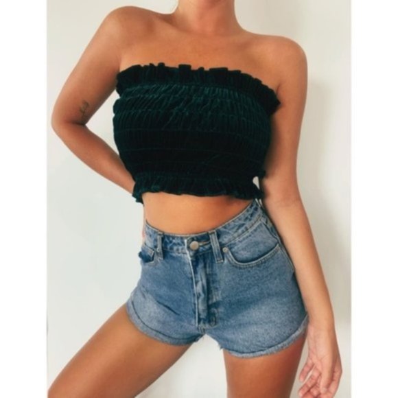 Tiger Mist Tops - Tiger Mist Lucia Velvet Strapless Tube Top Emerald Green
